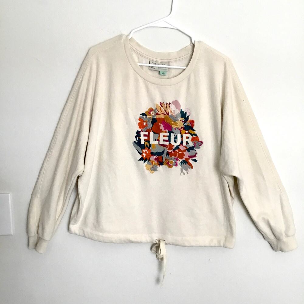 Saturday Sunday Fleur Tie-Waist Graphic Embroidered Sweatshirt Sz M